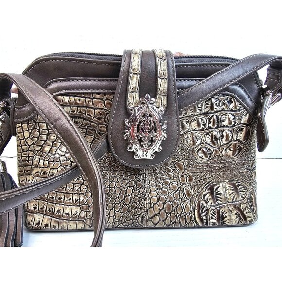 Vtg M.C. Metallic Croc Embossed Faux Leather Crossbody Bag Ornate Silver Tassel - Picture 2 of 15